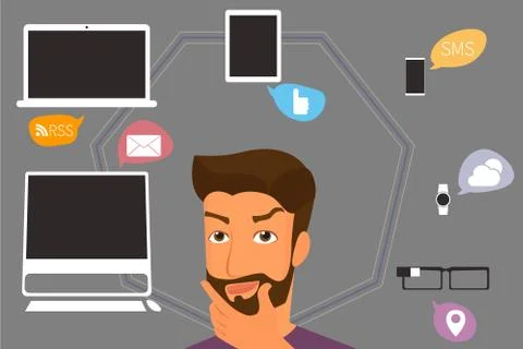 Brunette man thinking about gadgets and applications around him Stock Illustration