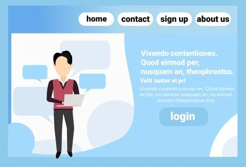 Brunette man using tablet chat bubble standing pose online communication Illustrazione stock