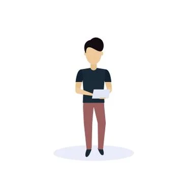Brunette man using tablet standing pose isolated faceless silhouette male Stock Illustration