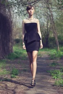 Brunette model posing in short black dress Stock Photos