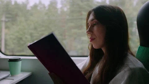 Brunette reads a book during a train ride Stock Footage 218018087