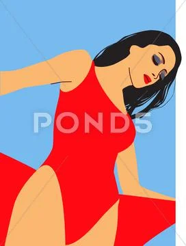 Brunette in red bathing suit raster Stock Illustration