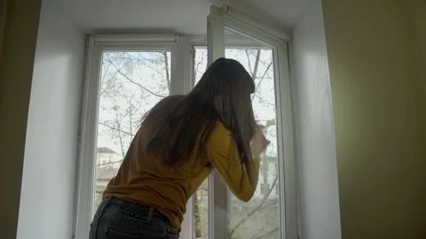 The brunette washes the window on a spring day. Stock Footage 75179225