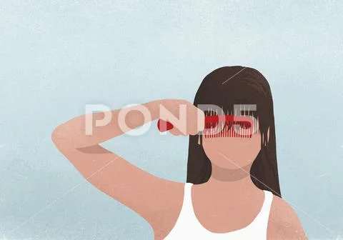Brunette woman combing bangs Stock Illustration