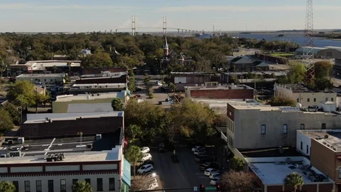 Brunswick rooftops with the Sidney Lanier Bridge beyond Видео 104614371