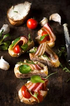 Bruschetta with bacon Stock Photos
