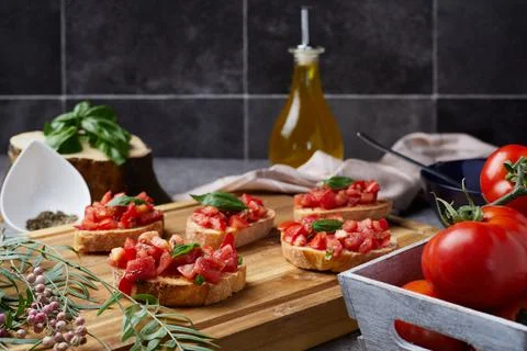 The bruschetta, Bread, tomato, basil 4 Stock Photos