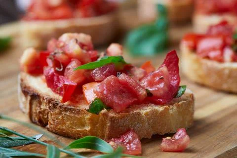 The bruschetta: Bread, tomato, basil Stock Photos