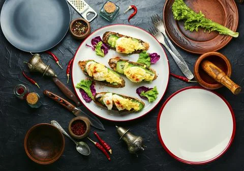 Bruschetta with eggs benedict Stock Photos
