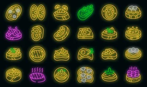 Bruschetta icons set outline vector. Food cheese vector neon Stock Illustration