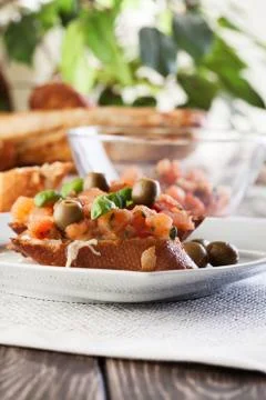 Bruschetta with olive. selective focus Stock Photos