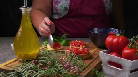 Bruschetta preparation Stock Footage 201145150