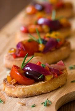 Bruschetta with roasted vegetables Stock Photos