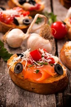 Bruschetta on table Stock Photos