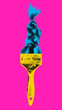 Brush and braid over pink background. Beauty sphere. Contemporary art collage. Ilustração Stock