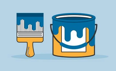 Brush and paint bucket, vector flat line illustration Stock Illustration