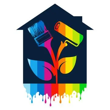 Brush and roller in the form of a flower on the background of a house Stock Illustration