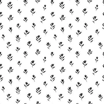 Brush black simple flowers vector seamless pattern Stock Illustration