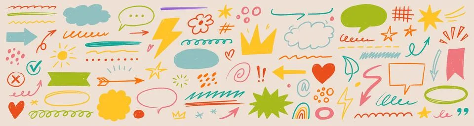 Brush chalk element set. Hand drawn arrow, speech bubble, crayon highlight frame Stock-Illustration