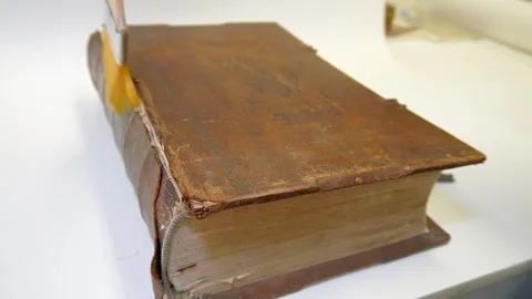 The brush cleans the binding of an old book. Stock Footage 321274857