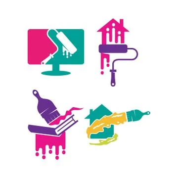 Brush Computer Home Book logo design Painting service Set Stock Illustration