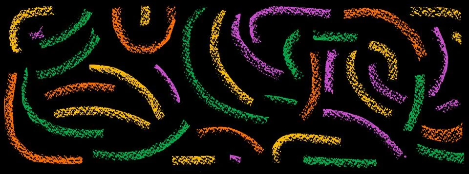 Brush crayon set of hand drawn arcs and curved doodles. Grainy brush marks glow Stock Illustration