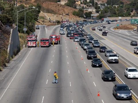 Brush fire traffic jam on 118 fwy Stock Photos