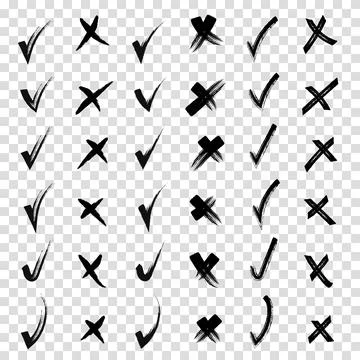 Brush hand drawn doodle checkmarks and crosses set collection. Scribble, pen  Stock Illustration