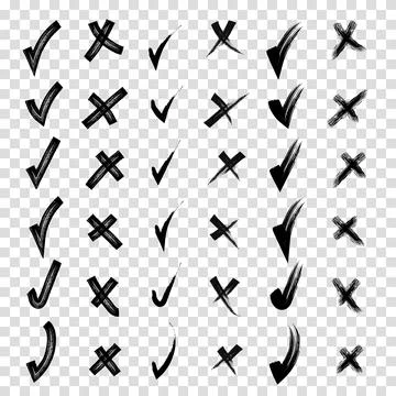 Brush hand drawn doodle checkmarks and crosses set collection. Scribble, pe.. Stock Illustration