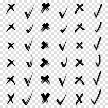 Brush hand drawn doodle checkmarks and crosses set collection. Scribble, pe.. Stock Illustration