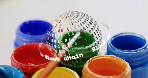 On brush hovering green jar, blockchain sphere rotating among jars highlighting Stock Footage 329511780