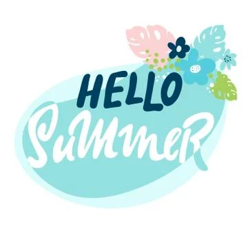 Brush lettering composition. Phrase Hello Summer. Vector illustration on blue Stock Illustration