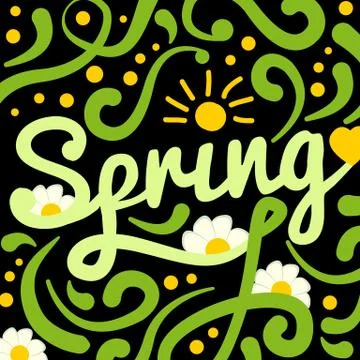 Brush lettering Spring on black background with decorations. The sun point, sun Stock Illustration