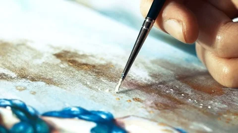 Brush macro close canvas painting. The artist creates. Acrylic and feathering Stock Footage 75366832