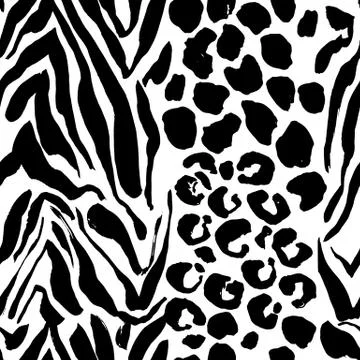 Brush painted tiger seamless pattern. Black and white leopard stripes grunge Stock Illustration