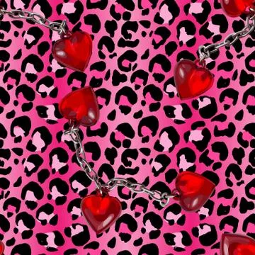 Brush painted tiger seamless pattern. Pink leopard spots and chained red heart Illustrazione stock