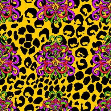 Brush painted tiger seamless pattern. Yellow leopard spots and doodle ribbon Stock Illustration
