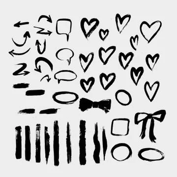 Brush painted vector set of hearts. Stock Illustration