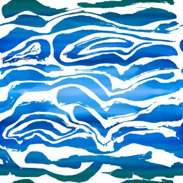 Brush painted wave seamless pattern. Blue stripes grunge background. Stock Illustration