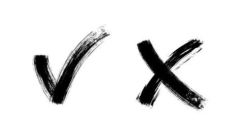 Brush painted yes and no checkmarks. Black and white check and cross signs Stock Illustration