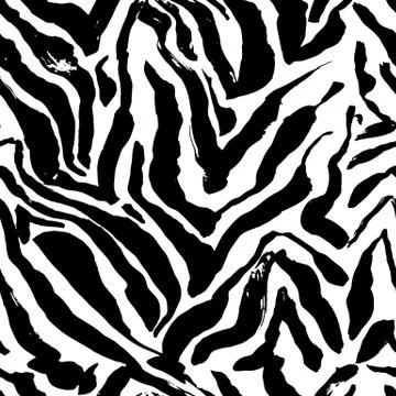 Brush painted zebra seamless pattern. Black and white stripes grunge background. Stock Illustration