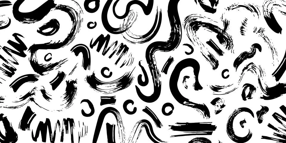 Brush pattern. Doodle stroke paint drawn kid, abstract black elements, hand line 库存插图