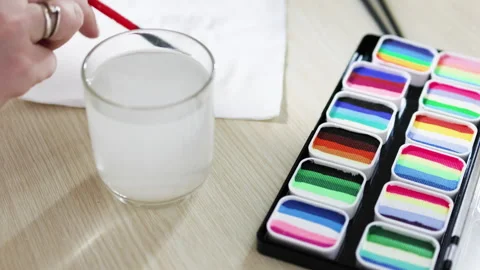Brush puts on paint from palette with face painting. Stock Footage 290486366