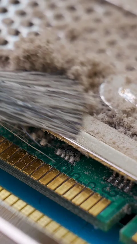 Brush remove dust dirt from electronic computer circuit motherboard board detail Stock Footage 347731251