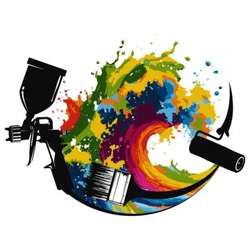 Brush, roller, sprayer and drops of splashes of colored paint Stock Illustration