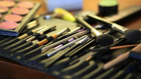Brush set for make-up on table (dolly shot) Stock Footage 40835826