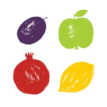 Brush simple stamp hand drawn textured fruits set. Food, lemon, pomegranate Stock Illustration