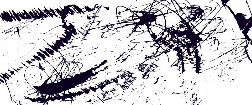 Brush stroke black scratch on white with messy ink splatter and grunge texture. Stock Illustration