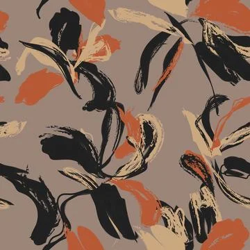 Brush stroke floral textile pattern design in brown, black, and orange for .. Stockillustratie