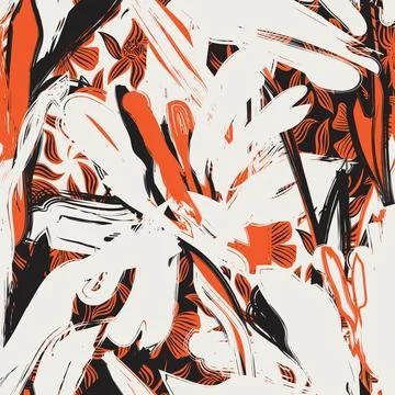 Brush stroke floral textile pattern design in orange and black for fashion .. Stock Illustration
